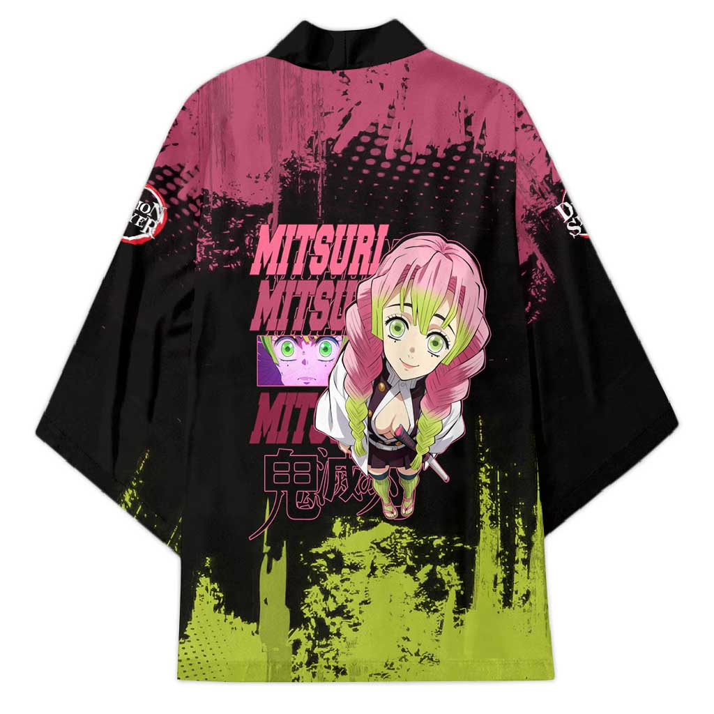Mitsuri Kanroji Demon Slayer Pink and Green Grunge Design Kimono with Heart Eyes and Playful Pose - The Mazicc