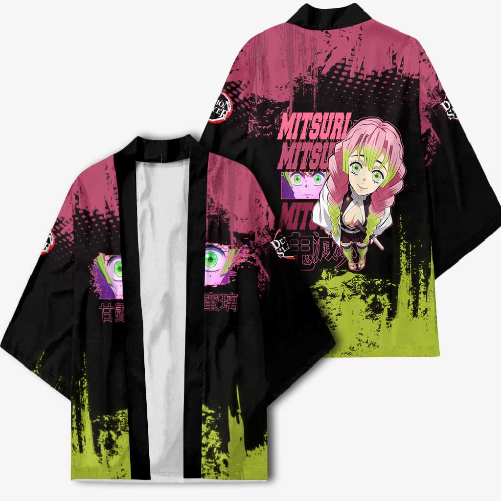 Mitsuri Kanroji Demon Slayer Pink and Green Grunge Design Kimono with Heart Eyes and Playful Pose - The Mazicc