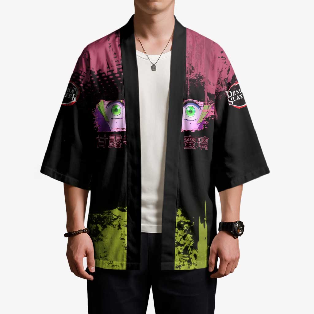 Mitsuri Kanroji Demon Slayer Pink and Green Grunge Design Kimono with Heart Eyes and Playful Pose - The Mazicc