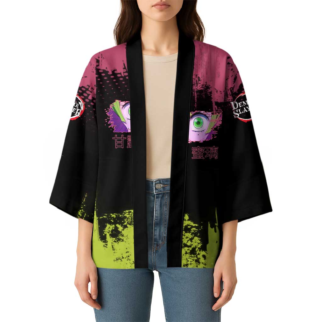 Mitsuri Kanroji Demon Slayer Pink and Green Grunge Design Kimono with Heart Eyes and Playful Pose - The Mazicc