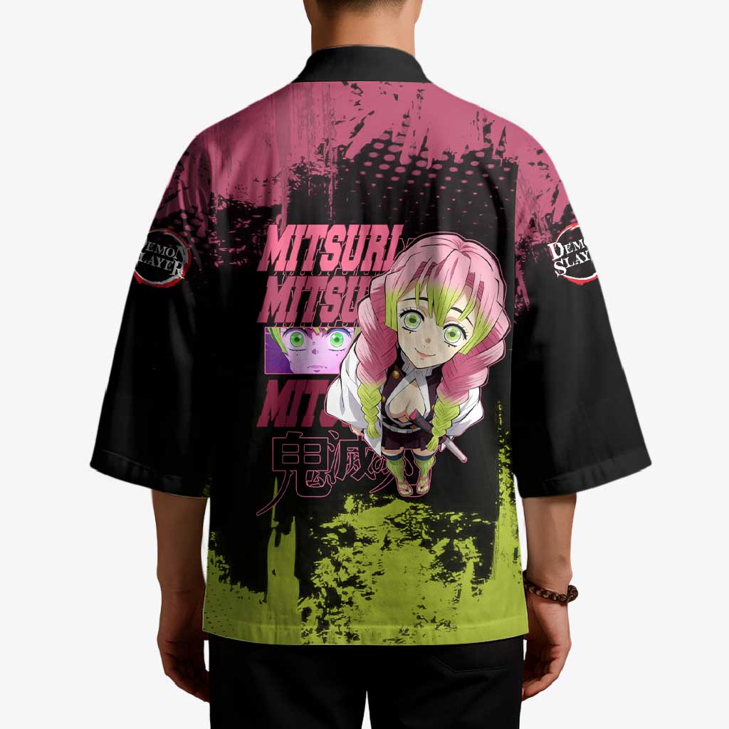 Mitsuri Kanroji Demon Slayer Pink and Green Grunge Design Kimono with Heart Eyes and Playful Pose - The Mazicc