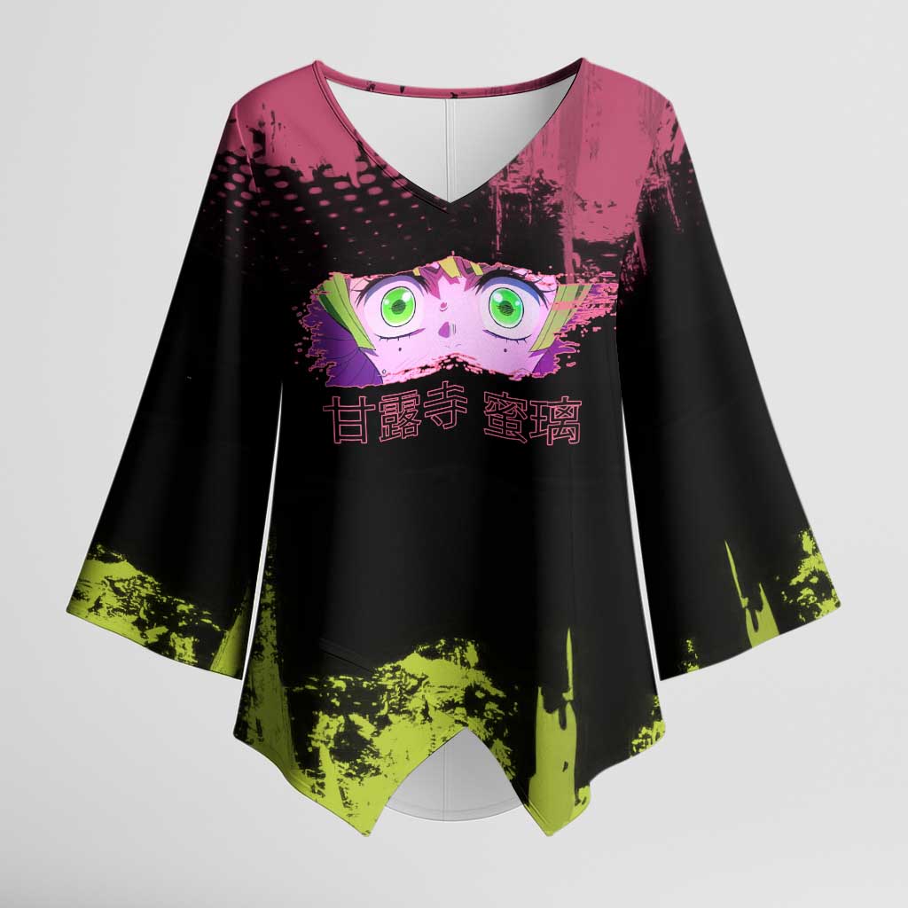 Mitsuri Kanroji Demon Slayer Pink and Green Grunge Design Kimono Sleeve Blouse with Heart Eyes and Playful Pose - The Mazicc