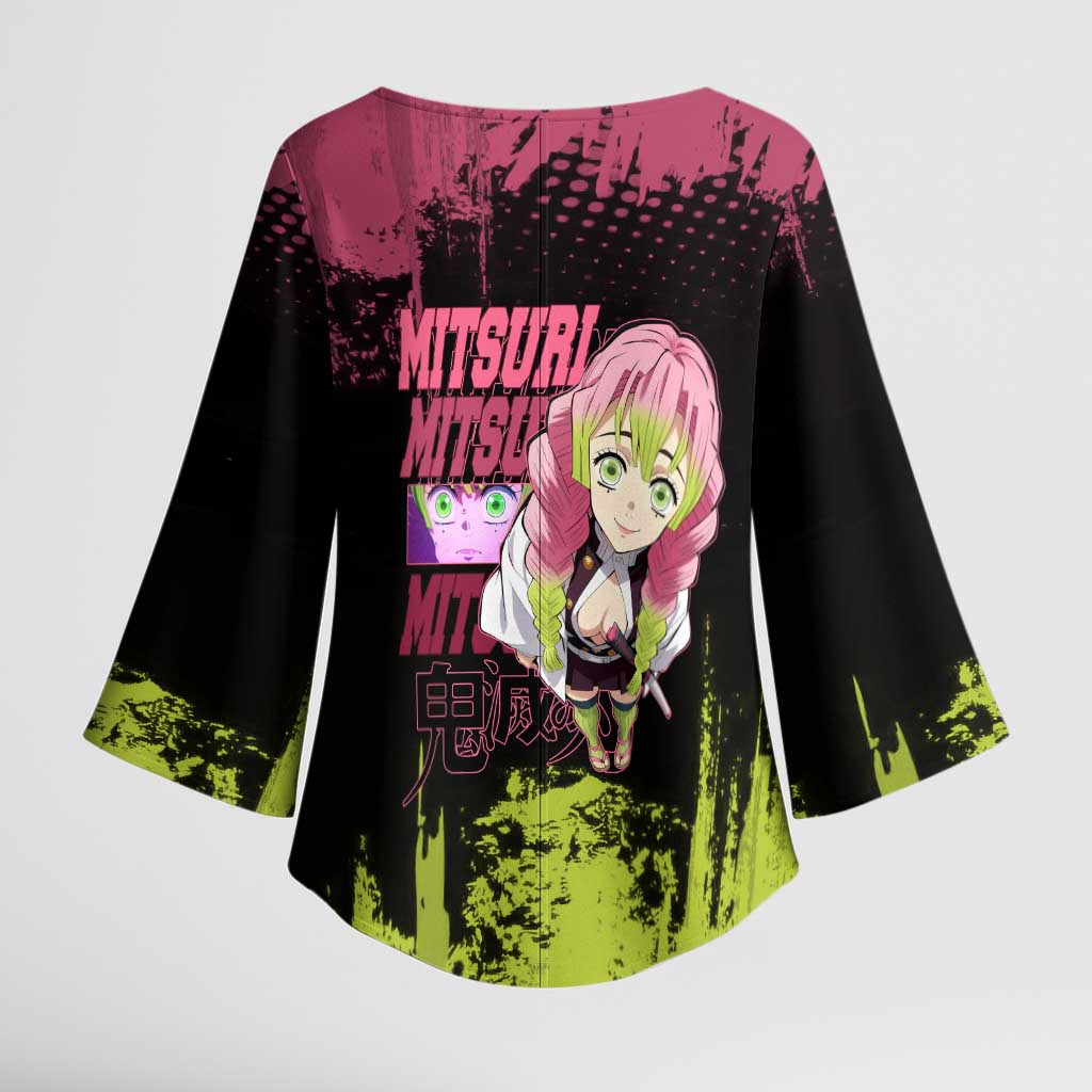 Mitsuri Kanroji Demon Slayer Pink and Green Grunge Design Kimono Sleeve Blouse with Heart Eyes and Playful Pose - The Mazicc