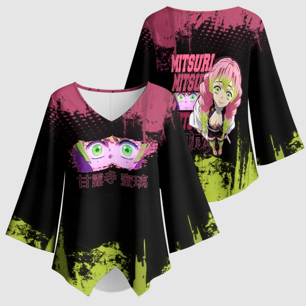 Mitsuri Kanroji Demon Slayer Pink and Green Grunge Design Kimono Sleeve Blouse with Heart Eyes and Playful Pose - The Mazicc
