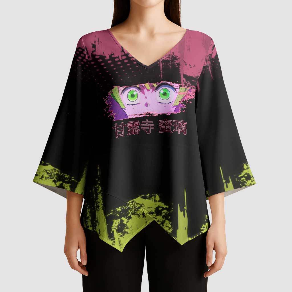 Mitsuri Kanroji Demon Slayer Pink and Green Grunge Design Kimono Sleeve Blouse with Heart Eyes and Playful Pose - The Mazicc