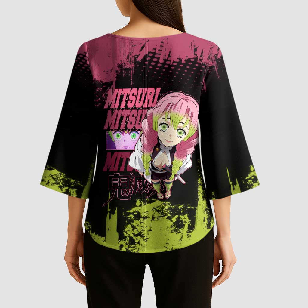 Mitsuri Kanroji Demon Slayer Pink and Green Grunge Design Kimono Sleeve Blouse with Heart Eyes and Playful Pose - The Mazicc