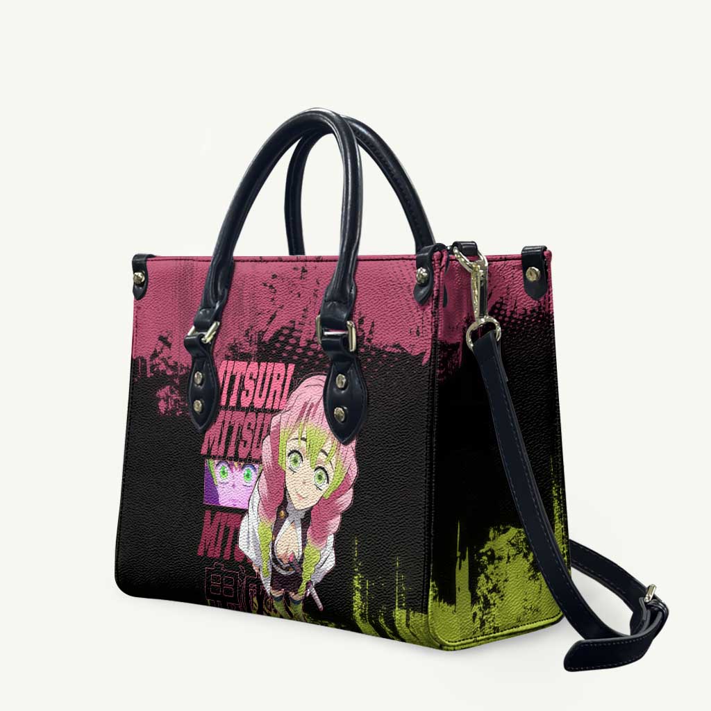 Mitsuri Kanroji Demon Slayer Pink and Green Grunge Design Leather Bag with Heart Eyes and Playful Pose - The Mazicc