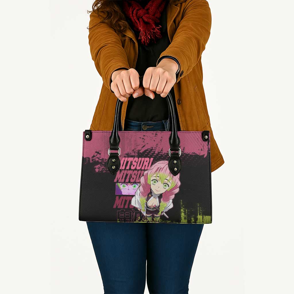 Mitsuri Kanroji Demon Slayer Pink and Green Grunge Design Leather Bag with Heart Eyes and Playful Pose - The Mazicc