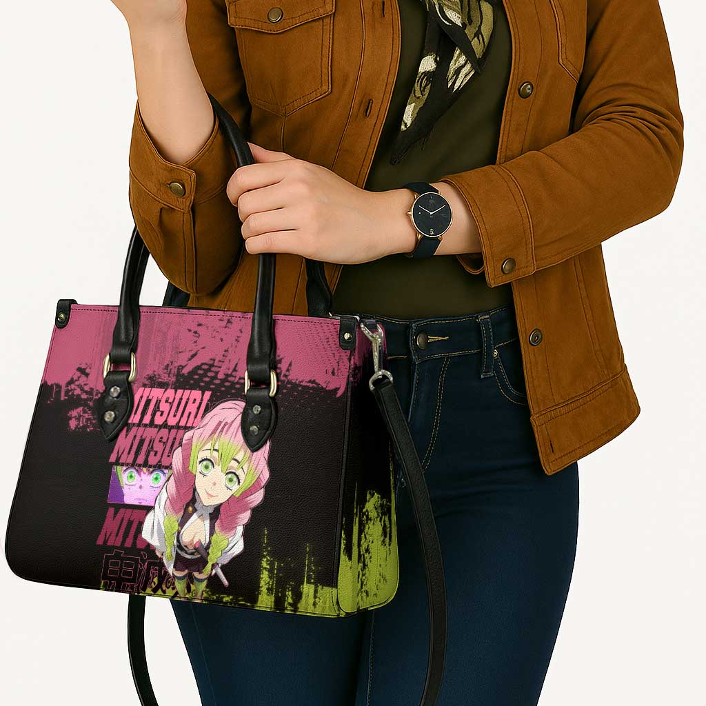 Mitsuri Kanroji Demon Slayer Pink and Green Grunge Design Leather Bag with Heart Eyes and Playful Pose - The Mazicc