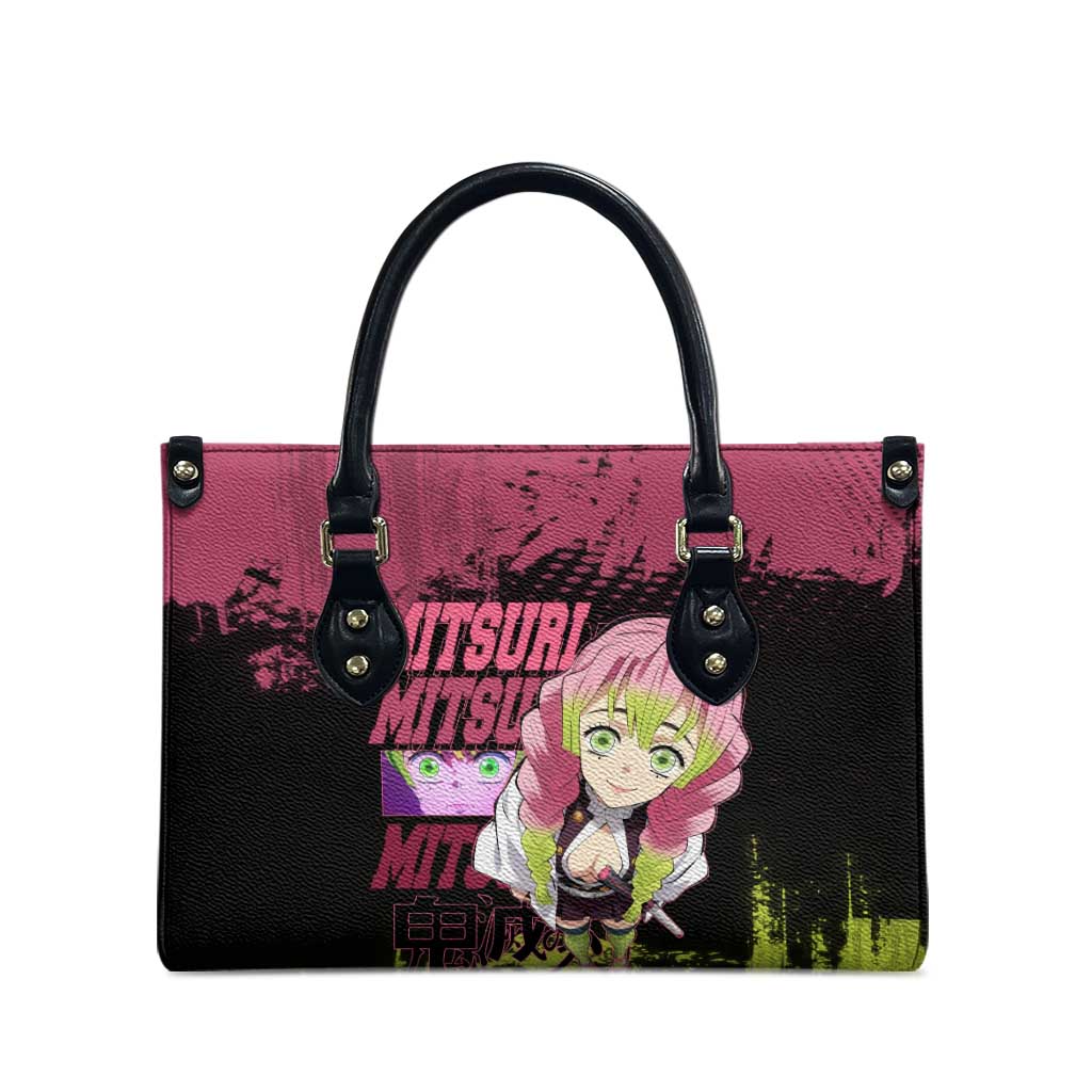 Mitsuri Kanroji Demon Slayer Pink and Green Grunge Design Leather Bag with Heart Eyes and Playful Pose - The Mazicc
