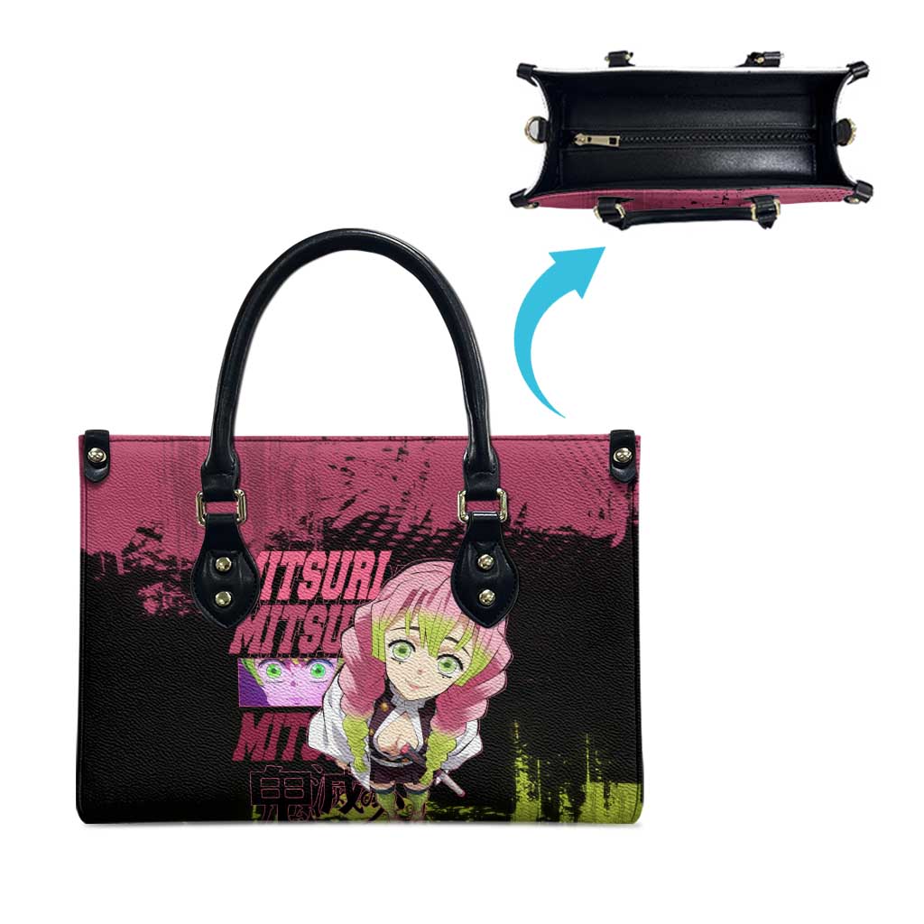 Mitsuri Kanroji Demon Slayer Pink and Green Grunge Design Leather Bag with Heart Eyes and Playful Pose - The Mazicc