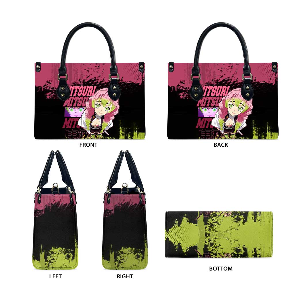 Mitsuri Kanroji Demon Slayer Pink and Green Grunge Design Leather Bag with Heart Eyes and Playful Pose - The Mazicc