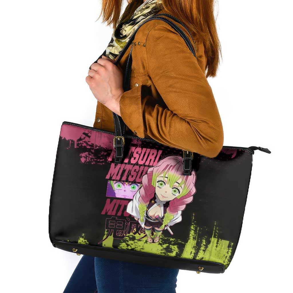 Mitsuri Kanroji Demon Slayer Pink and Green Grunge Design Leather Tote Bag with Heart Eyes and Playful Pose - The Mazicc