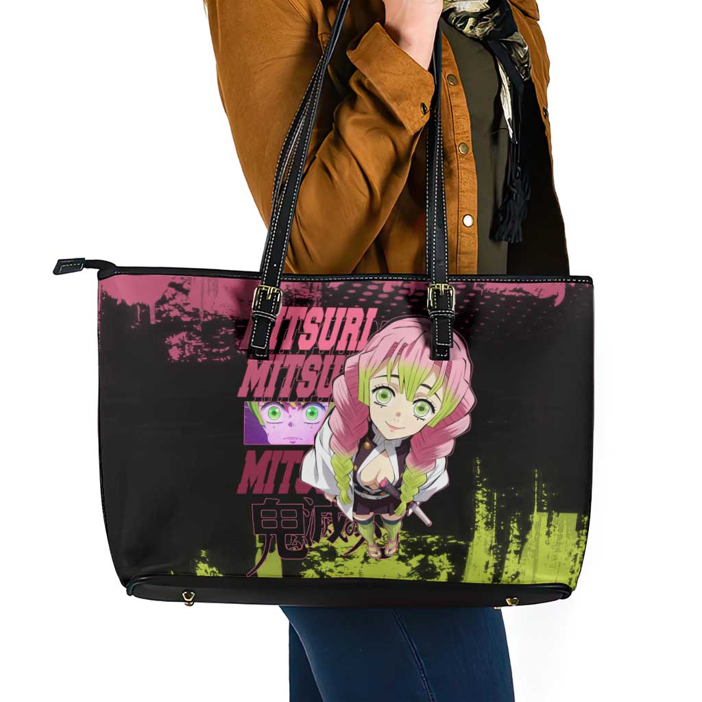 Mitsuri Kanroji Demon Slayer Pink and Green Grunge Design Leather Tote Bag with Heart Eyes and Playful Pose - The Mazicc