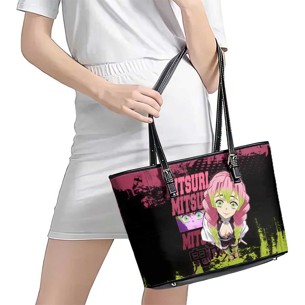 Mitsuri Kanroji Demon Slayer Pink and Green Grunge Design Leather Tote Bag with Heart Eyes and Playful Pose - The Mazicc