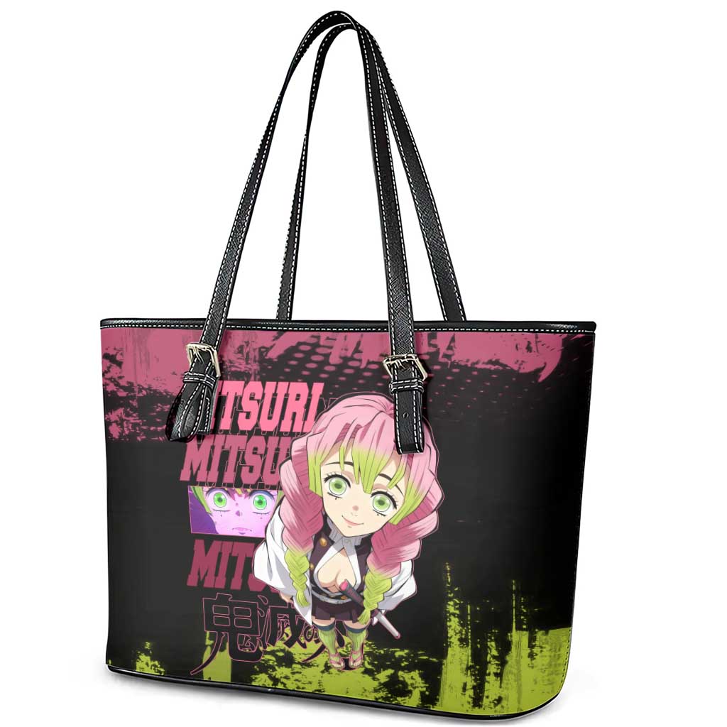 Mitsuri Kanroji Demon Slayer Pink and Green Grunge Design Leather Tote Bag with Heart Eyes and Playful Pose - The Mazicc