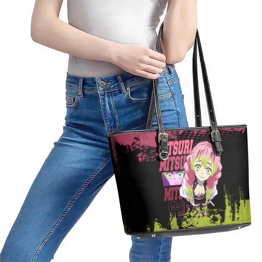Mitsuri Kanroji Demon Slayer Pink and Green Grunge Design Leather Tote Bag with Heart Eyes and Playful Pose - The Mazicc