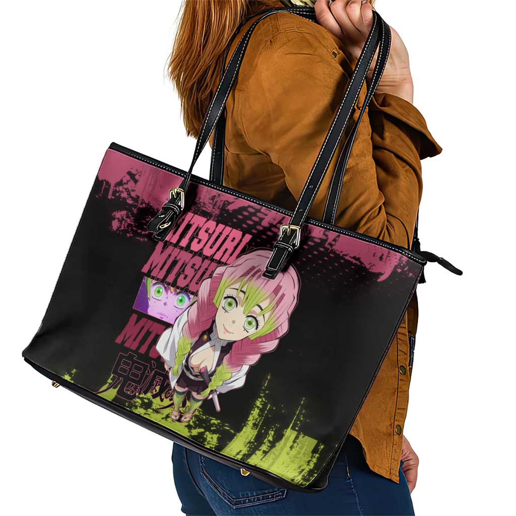 Mitsuri Kanroji Demon Slayer Pink and Green Grunge Design Leather Tote Bag with Heart Eyes and Playful Pose - The Mazicc