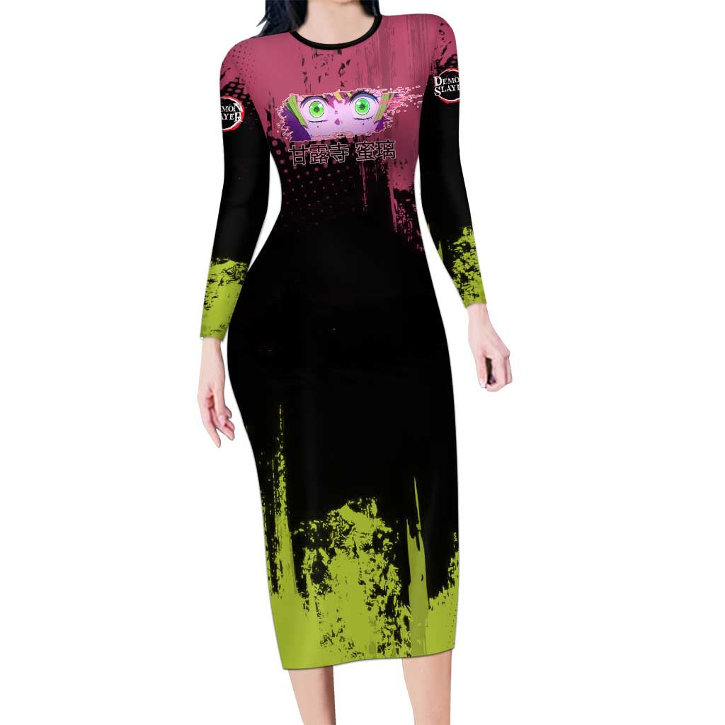 Mitsuri Kanroji Demon Slayer Pink and Green Grunge Design Long Sleeve Bodycon Dress with Heart Eyes and Playful Pose - The Mazicc