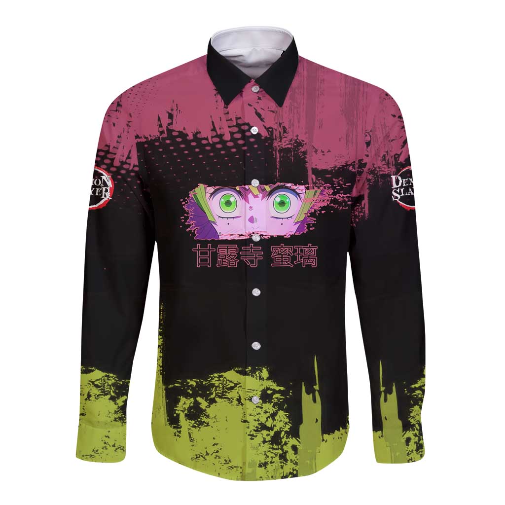 Mitsuri Kanroji Demon Slayer Pink and Green Grunge Design Long Sleeve Button Shirt with Heart Eyes and Playful Pose - The Mazicc
