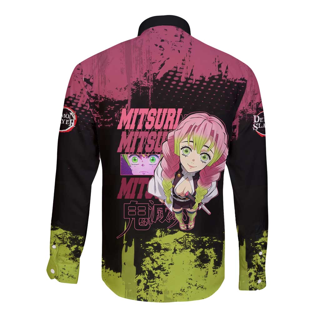 Mitsuri Kanroji Demon Slayer Pink and Green Grunge Design Long Sleeve Button Shirt with Heart Eyes and Playful Pose - The Mazicc