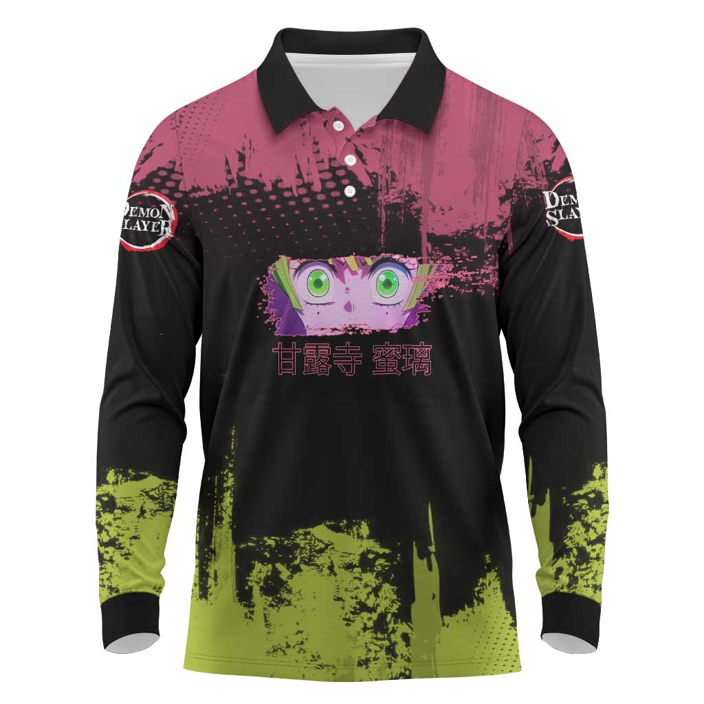 Mitsuri Kanroji Demon Slayer Pink and Green Grunge Design Long Sleeve Polo Shirt with Heart Eyes and Playful Pose - The Mazicc