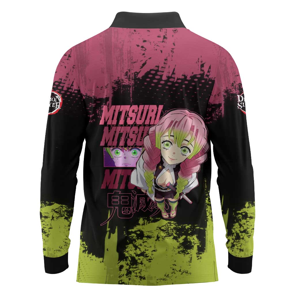 Mitsuri Kanroji Demon Slayer Pink and Green Grunge Design Long Sleeve Polo Shirt with Heart Eyes and Playful Pose - The Mazicc