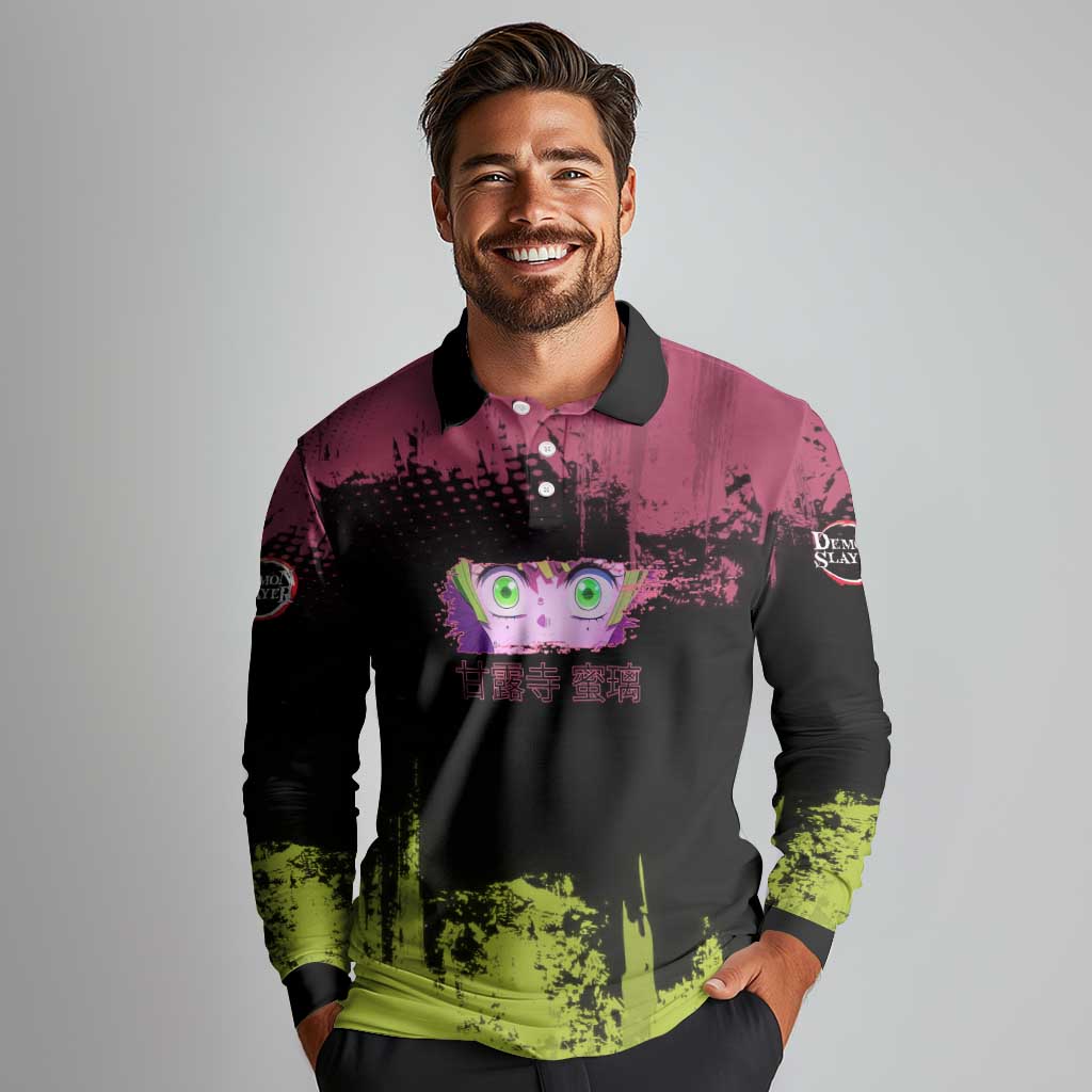 Mitsuri Kanroji Demon Slayer Pink and Green Grunge Design Long Sleeve Polo Shirt with Heart Eyes and Playful Pose - The Mazicc