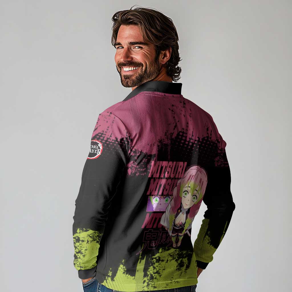 Mitsuri Kanroji Demon Slayer Pink and Green Grunge Design Long Sleeve Polo Shirt with Heart Eyes and Playful Pose - The Mazicc