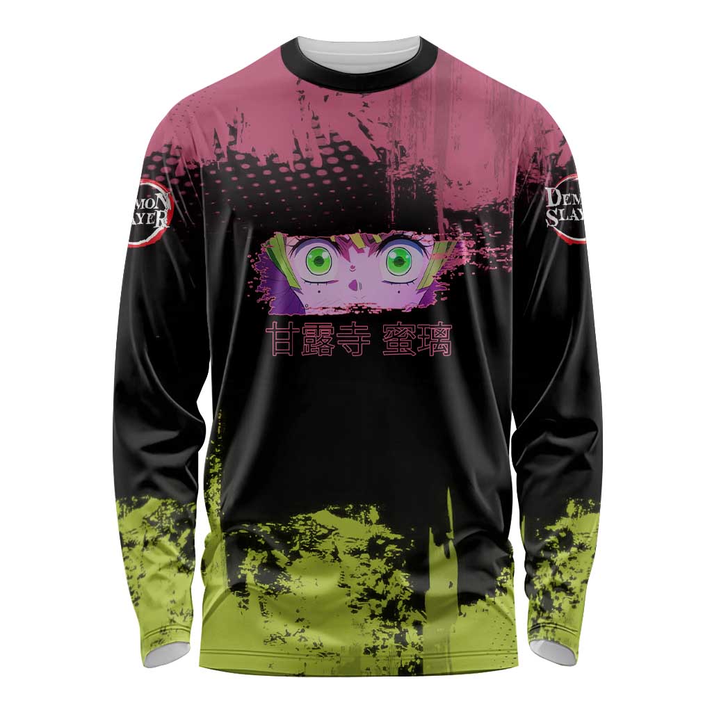Mitsuri Kanroji Demon Slayer Pink and Green Grunge Design Long Sleeve Shirt with Heart Eyes and Playful Pose - The Mazicc