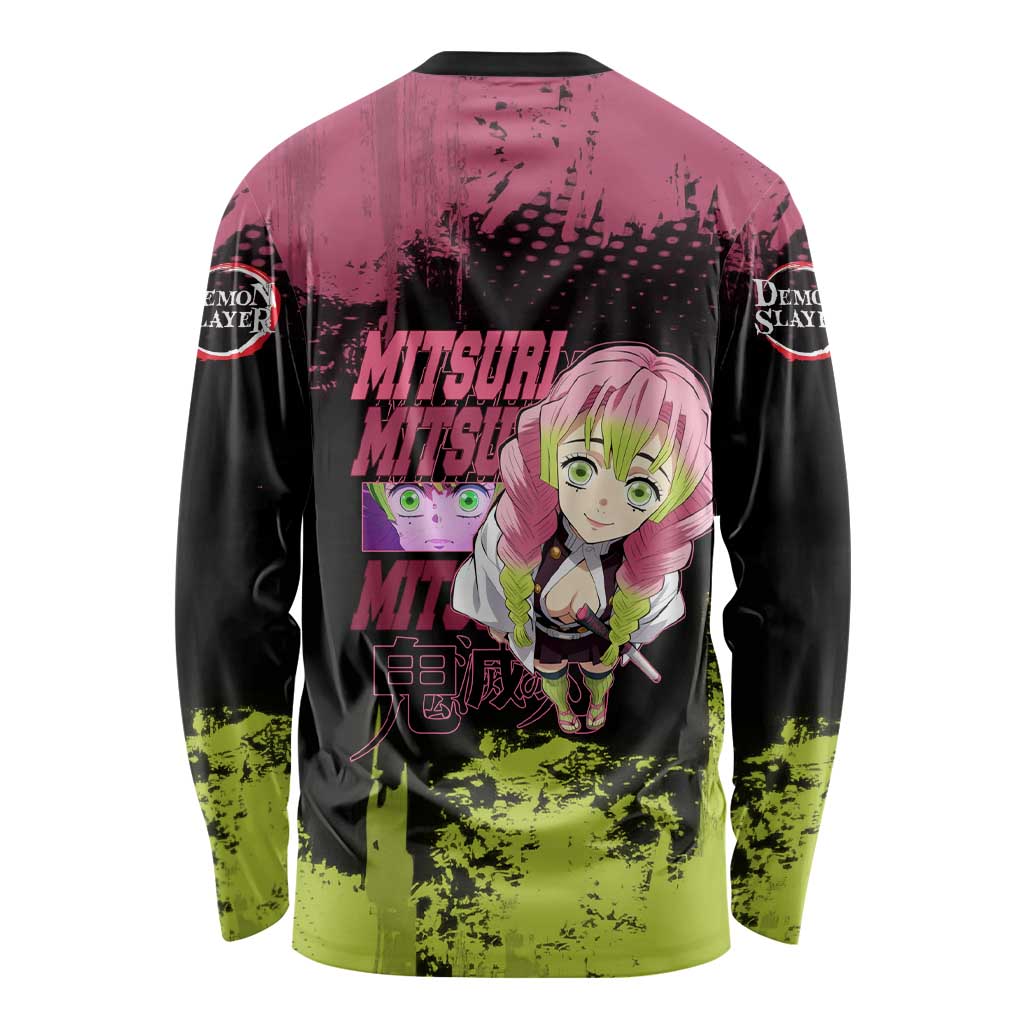 Mitsuri Kanroji Demon Slayer Pink and Green Grunge Design Long Sleeve Shirt with Heart Eyes and Playful Pose - The Mazicc