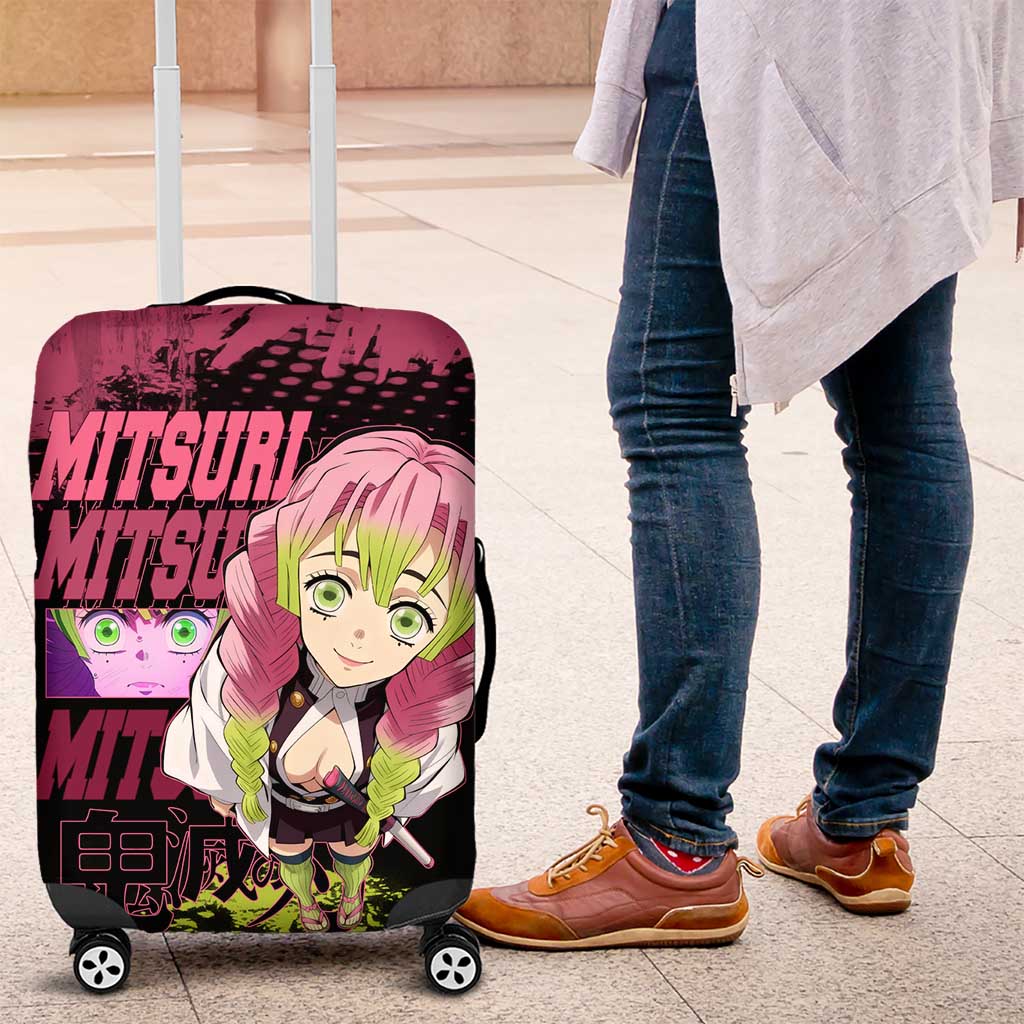 Mitsuri Kanroji Demon Slayer Pink and Green Grunge Design Luggage Cover with Heart Eyes and Playful Pose - The Mazicc