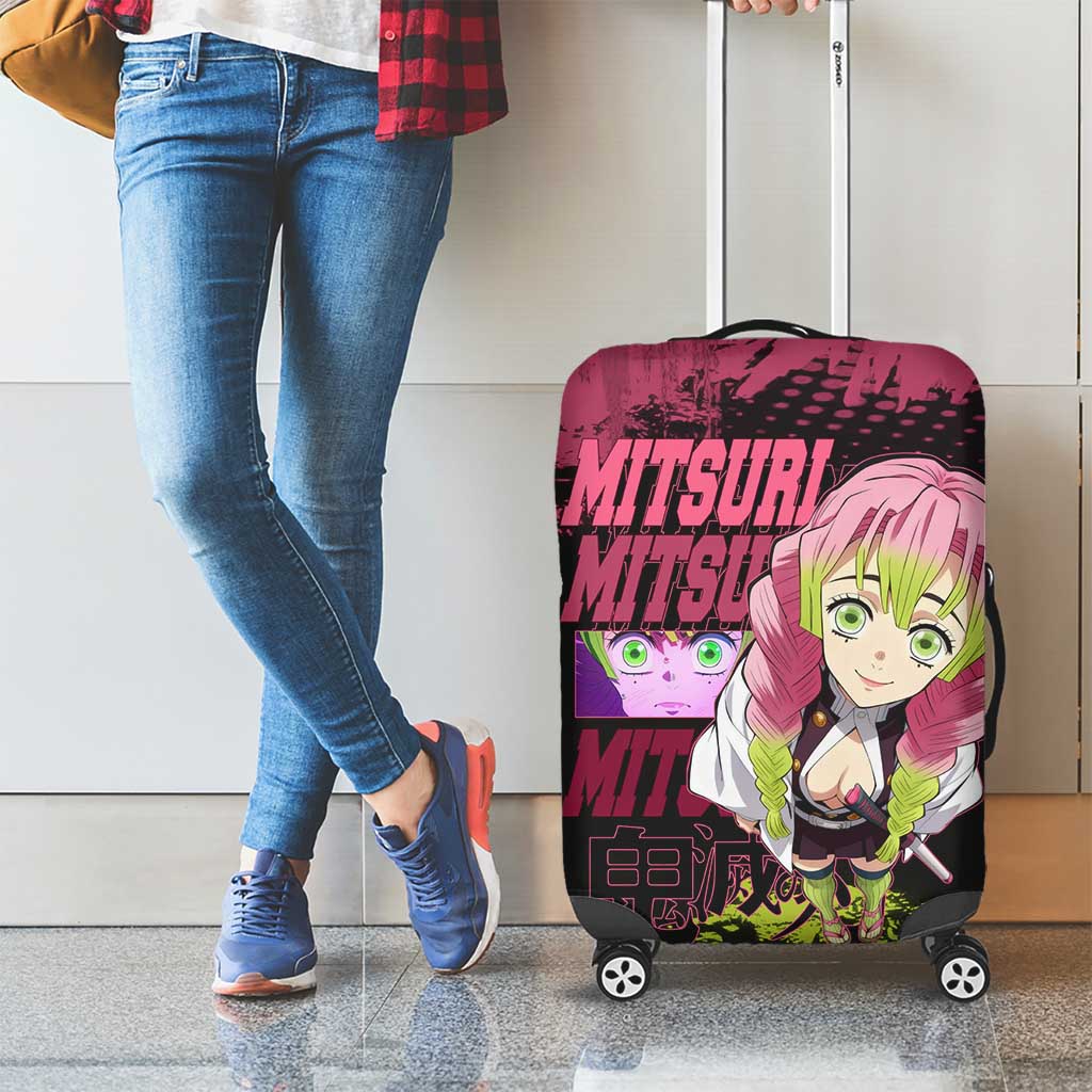 Mitsuri Kanroji Demon Slayer Pink and Green Grunge Design Luggage Cover with Heart Eyes and Playful Pose - The Mazicc