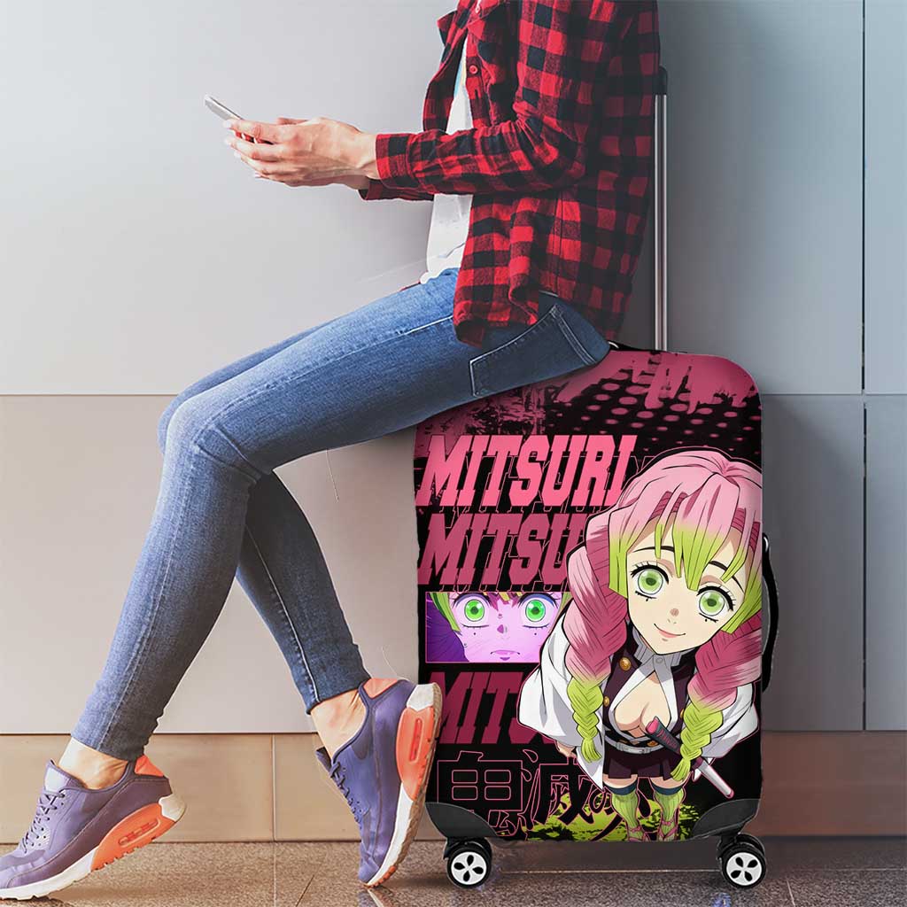 Mitsuri Kanroji Demon Slayer Pink and Green Grunge Design Luggage Cover with Heart Eyes and Playful Pose - The Mazicc