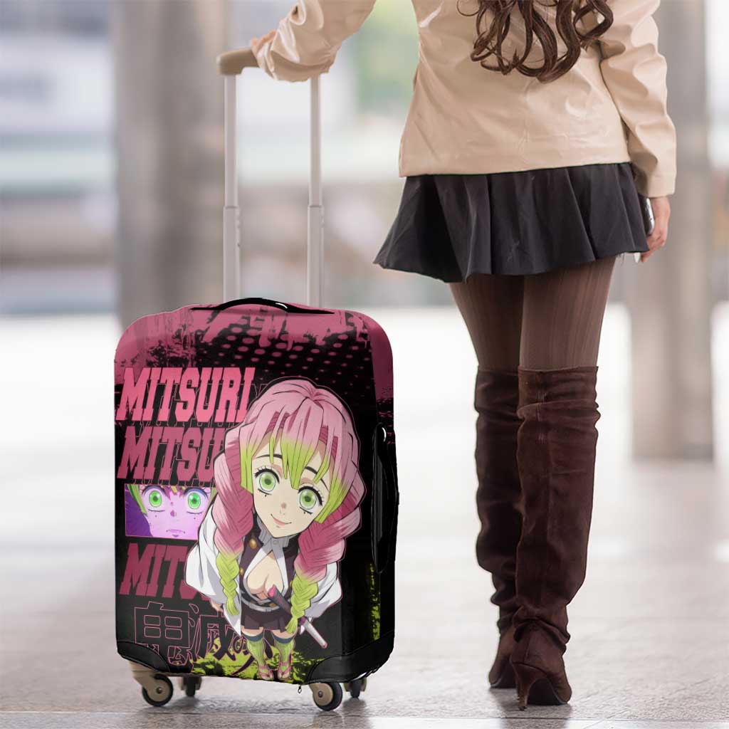 Mitsuri Kanroji Demon Slayer Pink and Green Grunge Design Luggage Cover with Heart Eyes and Playful Pose - The Mazicc