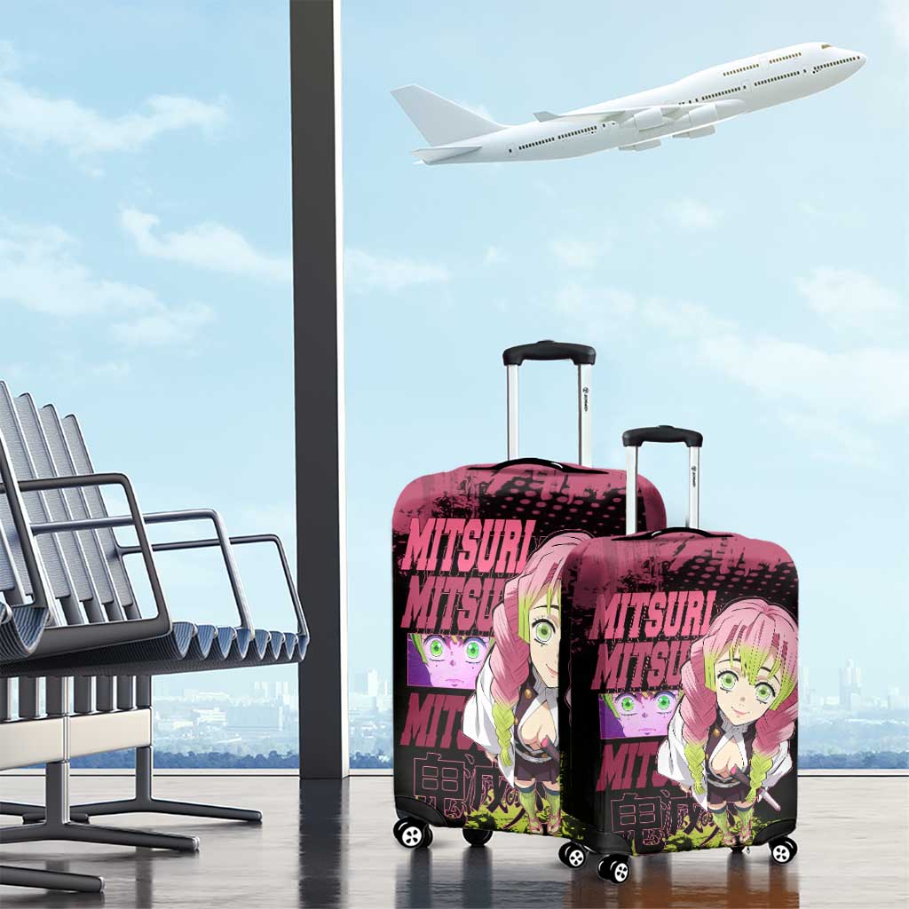 Mitsuri Kanroji Demon Slayer Pink and Green Grunge Design Luggage Cover with Heart Eyes and Playful Pose - The Mazicc