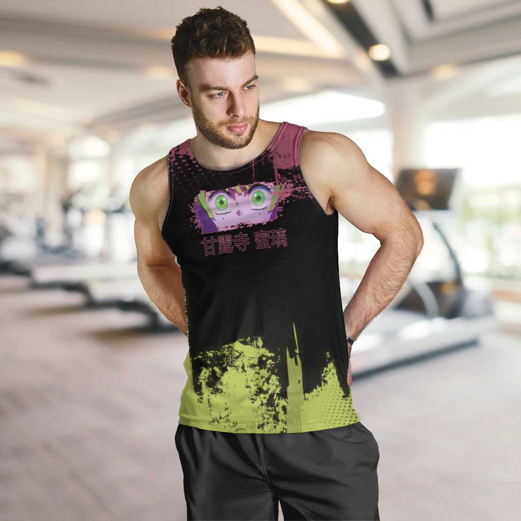 Mitsuri Kanroji Demon Slayer Pink and Green Grunge Design Men Tank Top with Heart Eyes and Playful Pose - The Mazicc