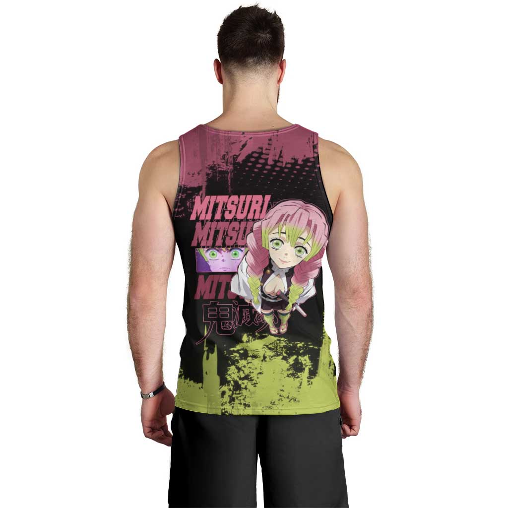 Mitsuri Kanroji Demon Slayer Pink and Green Grunge Design Men Tank Top with Heart Eyes and Playful Pose - The Mazicc