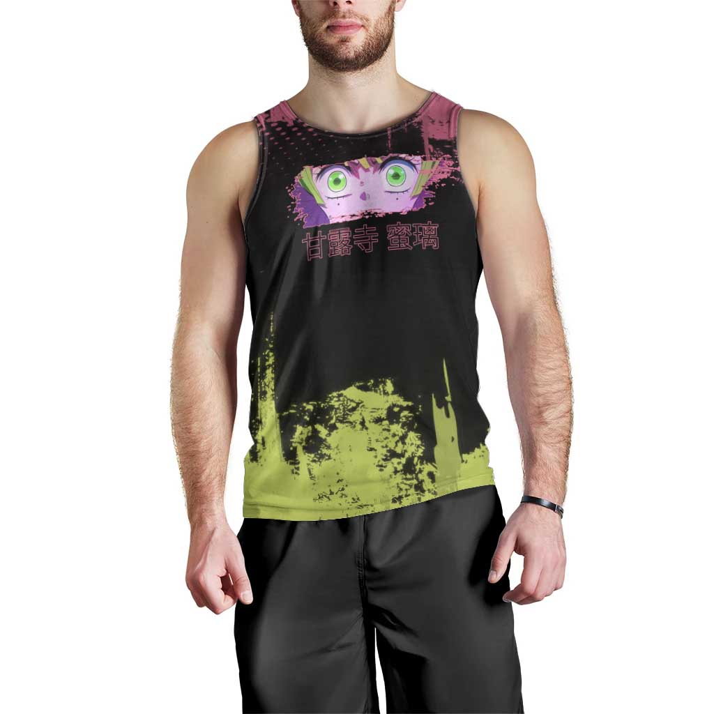 Mitsuri Kanroji Demon Slayer Pink and Green Grunge Design Men Tank Top with Heart Eyes and Playful Pose - The Mazicc