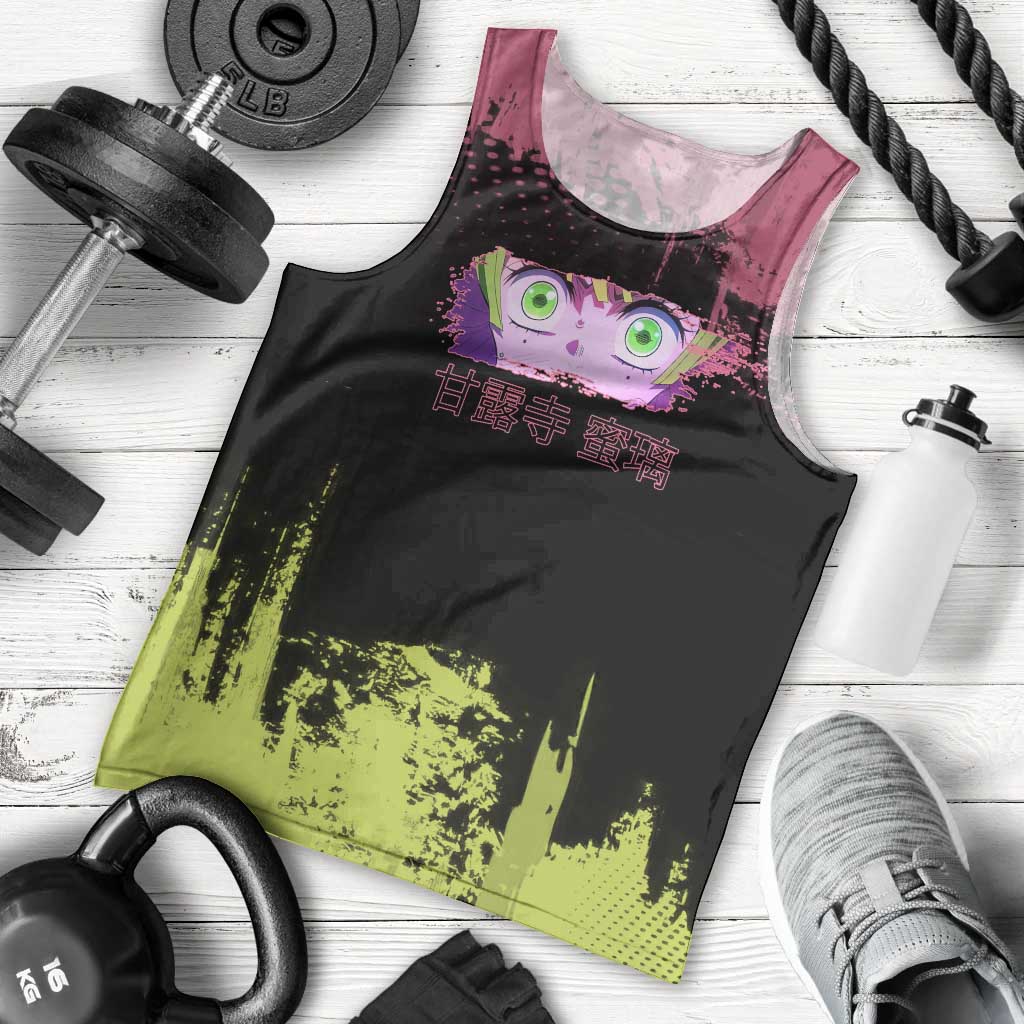 Mitsuri Kanroji Demon Slayer Pink and Green Grunge Design Men Tank Top with Heart Eyes and Playful Pose - The Mazicc