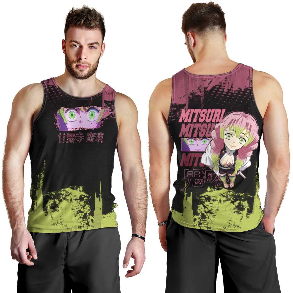Mitsuri Kanroji Demon Slayer Pink and Green Grunge Design Men Tank Top with Heart Eyes and Playful Pose - The Mazicc