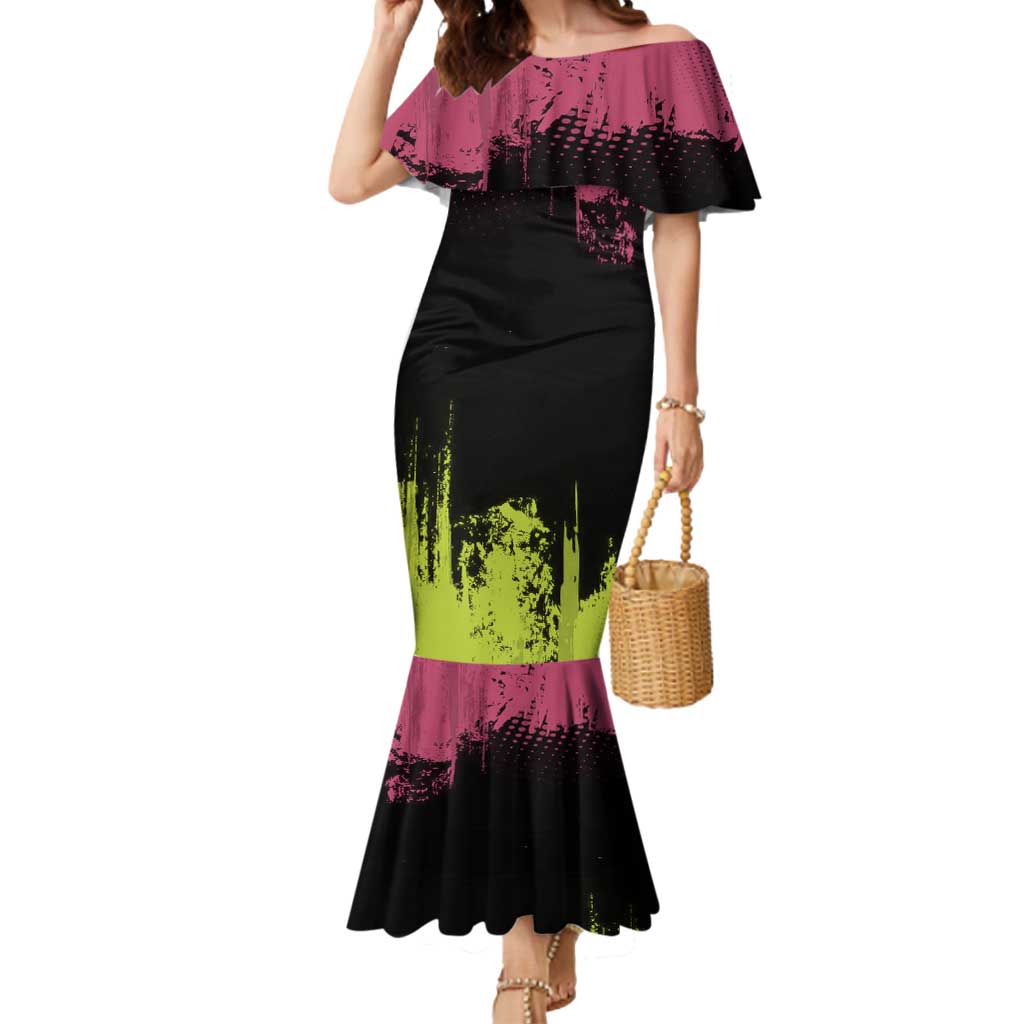 Mitsuri Kanroji Demon Slayer Pink and Green Grunge Design Mermaid Dress with Heart Eyes and Playful Pose - The Mazicc