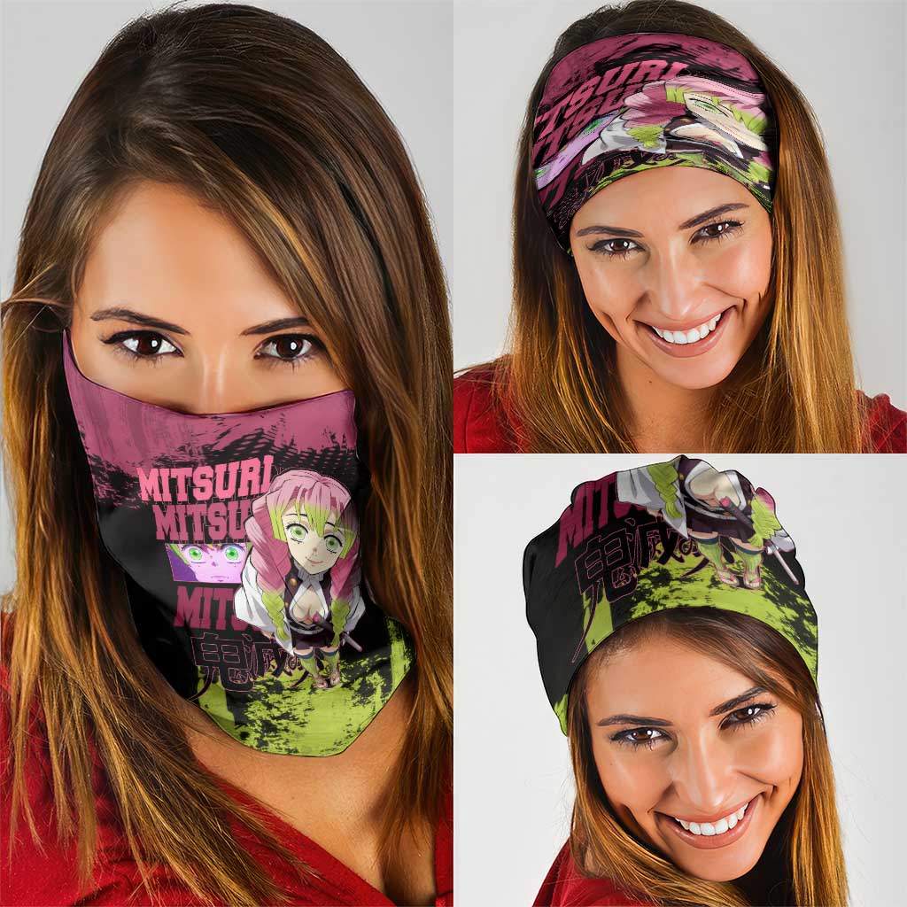 Mitsuri Kanroji Demon Slayer Pink and Green Grunge Design Neck Gaiter with Heart Eyes and Playful Pose - The Mazicc