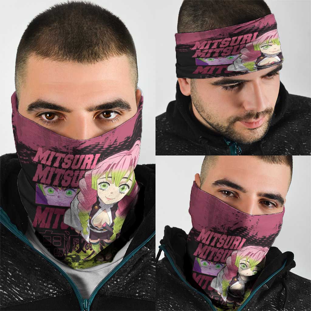 Mitsuri Kanroji Demon Slayer Pink and Green Grunge Design Neck Gaiter with Heart Eyes and Playful Pose - The Mazicc