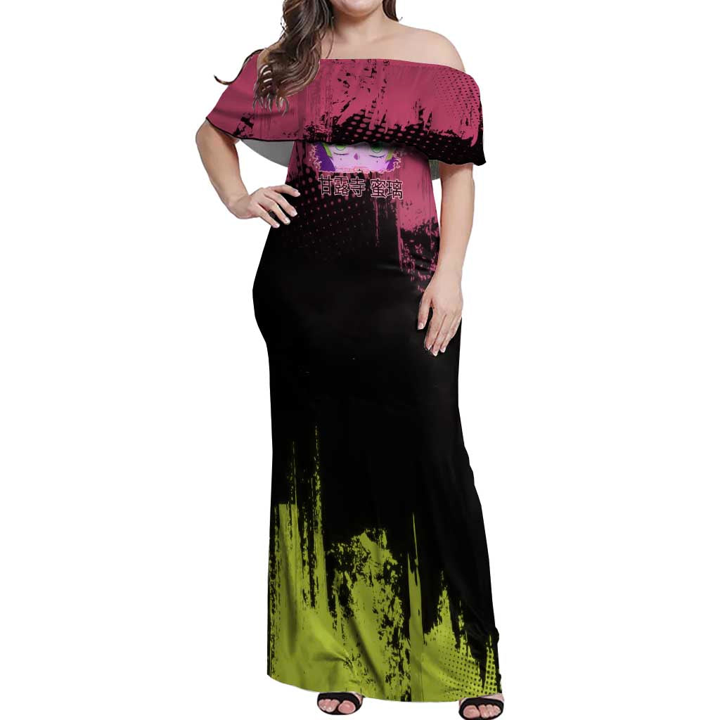 Mitsuri Kanroji Demon Slayer Pink and Green Grunge Design Off Shoulder Maxi Dress with Heart Eyes and Playful Pose - The Mazicc
