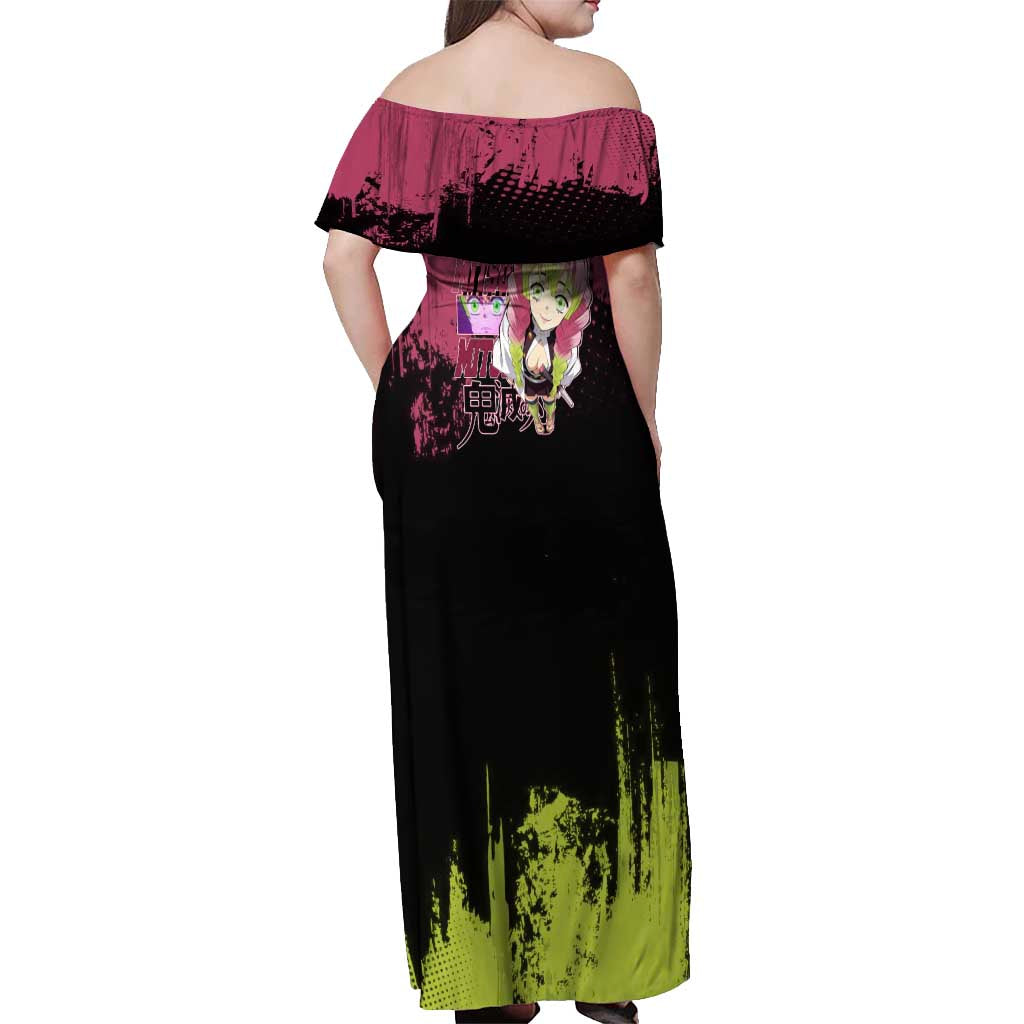 Mitsuri Kanroji Demon Slayer Pink and Green Grunge Design Off Shoulder Maxi Dress with Heart Eyes and Playful Pose - The Mazicc
