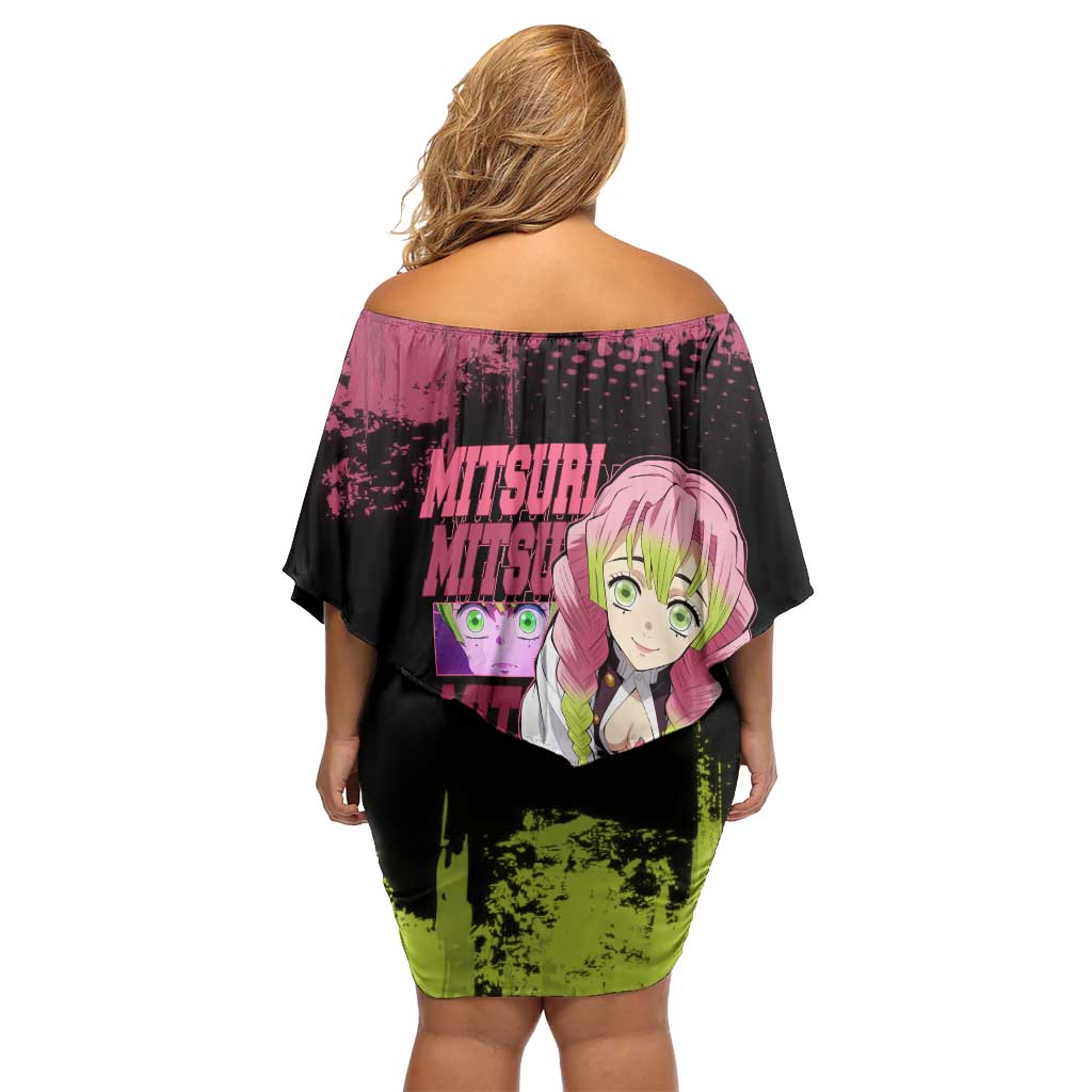 Mitsuri Kanroji Demon Slayer Pink and Green Grunge Design Off Shoulder Short Dress with Heart Eyes and Playful Pose - The Mazicc
