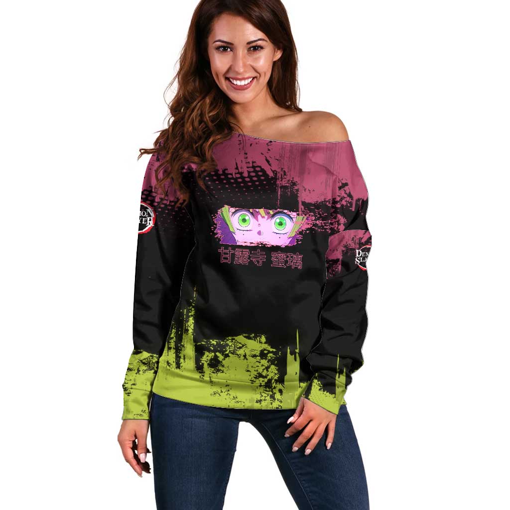 Mitsuri Kanroji Demon Slayer Pink and Green Grunge Design Off Shoulder Sweater with Heart Eyes and Playful Pose - The Mazicc