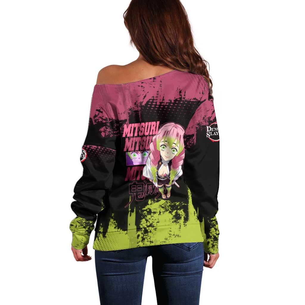 Mitsuri Kanroji Demon Slayer Pink and Green Grunge Design Off Shoulder Sweater with Heart Eyes and Playful Pose - The Mazicc
