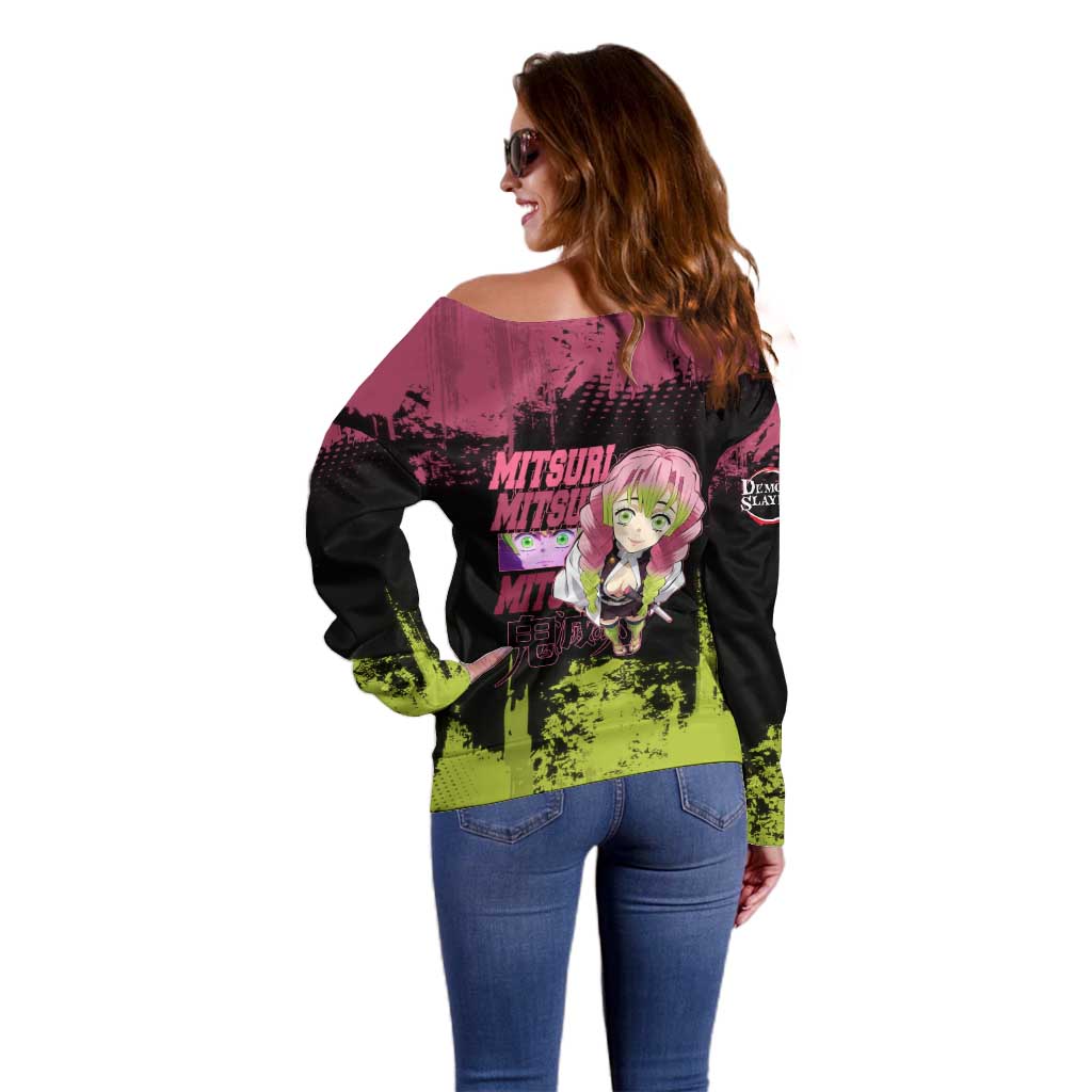 Mitsuri Kanroji Demon Slayer Pink and Green Grunge Design Off Shoulder Sweater with Heart Eyes and Playful Pose - The Mazicc
